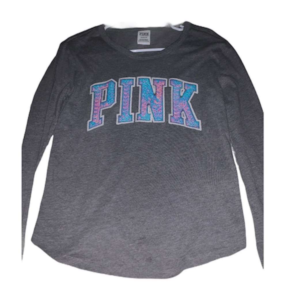 PINK grey long sleeve tee with sequin letters